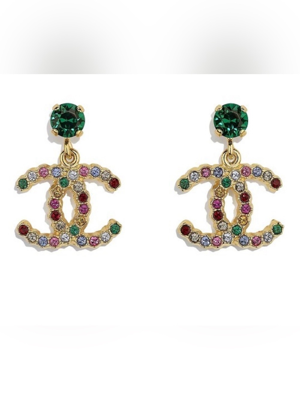 Double C Crystal Drop Earrings “ Over The Rainbow “ Multicolor Stones